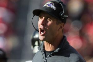 John Harbaugh yelling from the sideline at Shareece Wright in game against the San Francisco 49ers