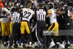 Pittsburgh Steelers players and Baltimore Ravens players get in a scuff at M&T Bank Stadium in one of the most heated rivalries in the NFL