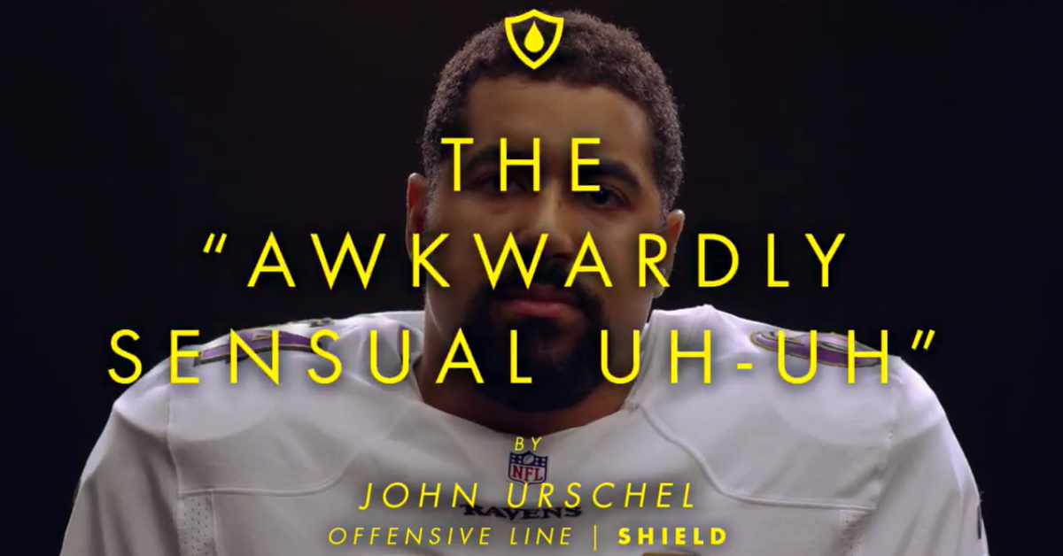Ravens Guard John Urschel wears his white jersey with the words "The Akwardly Sensual Uh-Uh" written in yellow on the screen.