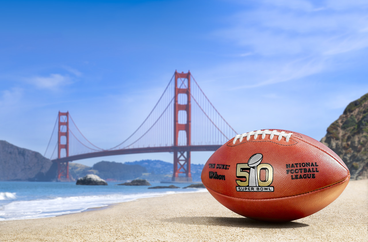super bowl 50 football and Golden Gate Bridge.