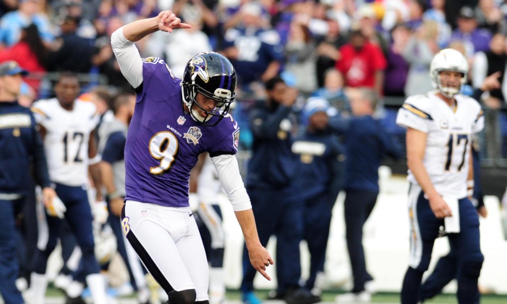 Ravens K Justin Tucker does Drake's "Hotline bling" dance after converting the game-winning field goal against the San Diego Chargers in Baltimore.