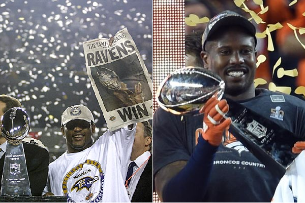 On the left, Ray Lewis holding the newspaper celebrating the Ravens' 2000 Super Bowl, which held the best defense ever. On the right, Von Miller, a member of the Broncos 2015 defense, holding the Lombardi trophy.
