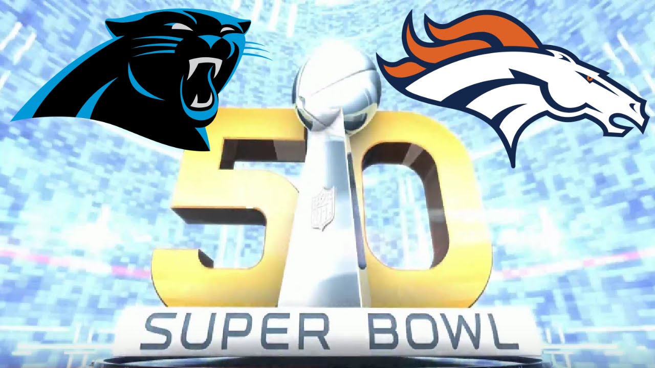Super Bowl 50 graphic with a blue background and the Super Bowl 50 logo in the middle, with the Panthers logo in the top left and the Broncos logo in the top right.