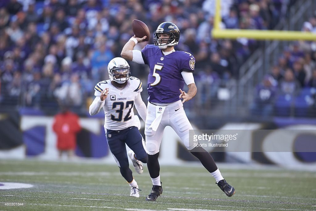 Football: Baltimore Ravens QB Joe Flacco (5) in action, under pressure vs San Diego Chargers Eric Weddle (32) at M&T Bank Stadium. Baltimore, MD 11/30/2014