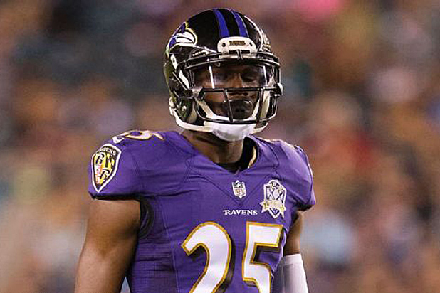 Ravens CB Tray Walker wearing his purple jersey with a 20th anniversary patch.