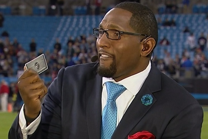 Ray Lewis pulls out his black card while on ESPN to offer to pay a fine for big hit.