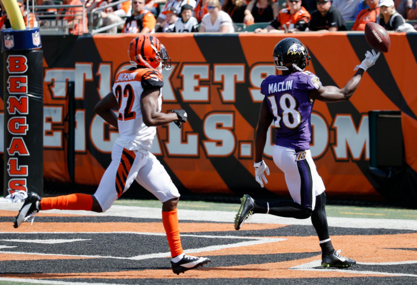 Jeremy Maclin drops the ball as he scores a touchdown in Cincinnati.