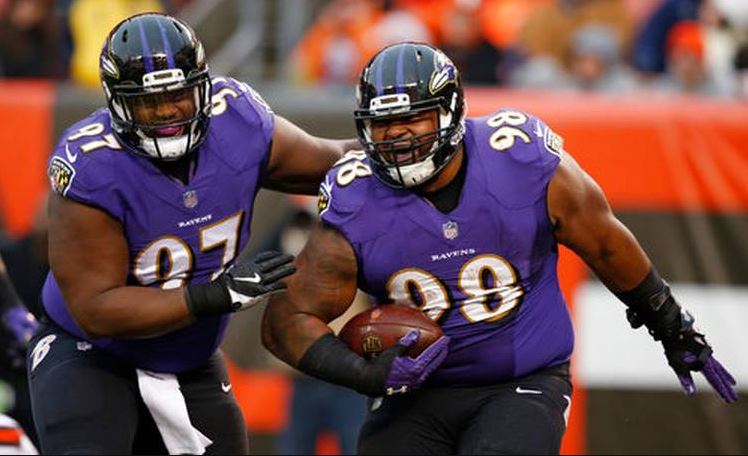 Baltimore Ravens Michael Pierce & Brandon Williams celebrate a TD in Cleveland.