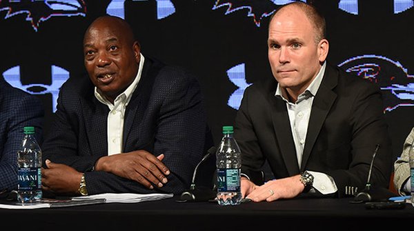 Ravens GM Ozzie Newsome and Asst. GM Eric DeCosta at the Ravens' annual pre-draft press conference.