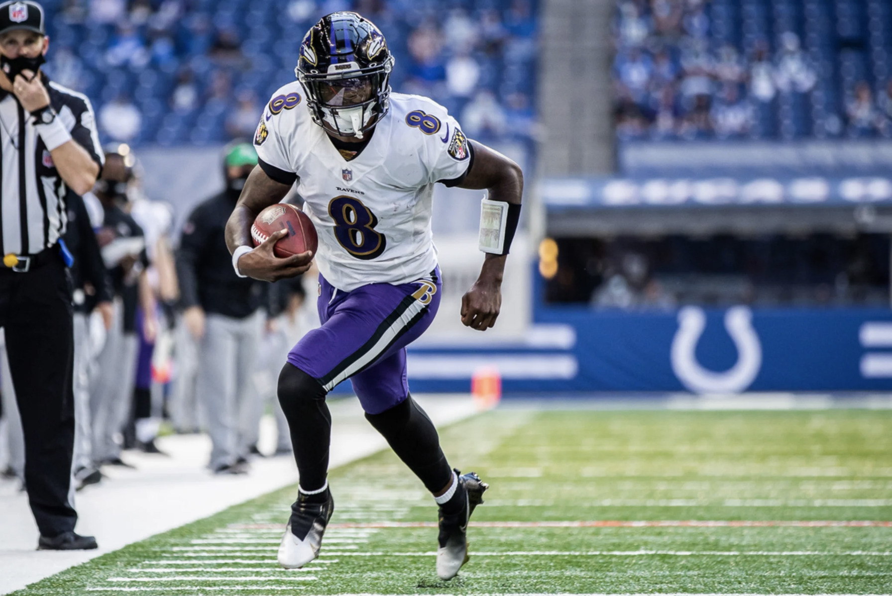 Lamar Jackson runs in Indianapolis against the Colts