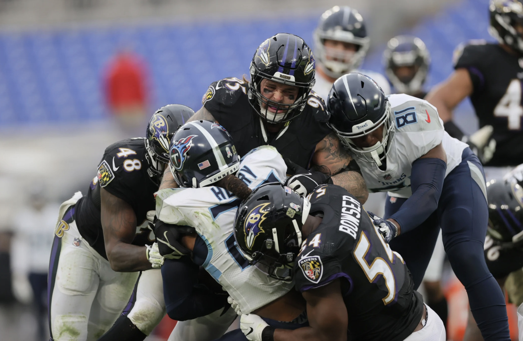 Derrick Henry tackled by Derek Wolfe and the Ravens against the Titans.