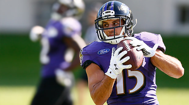 Ravens WR Michael Campanaro catches a pass at Ravens training camp in Owings Mills.