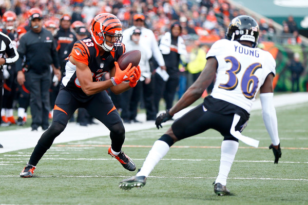 Tavon Young defends as a Bengals player catches the ball.