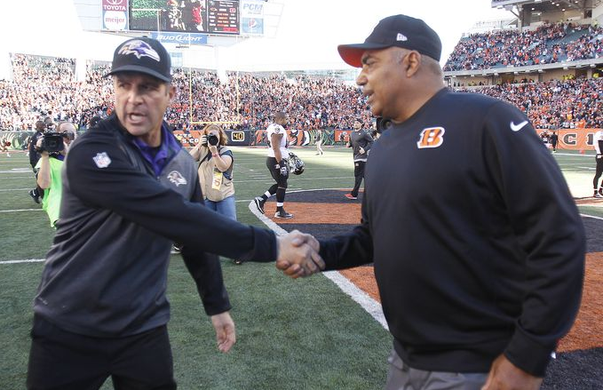 John Harbaugh & Marvin Lewis shake hands on the Cincinnati field.