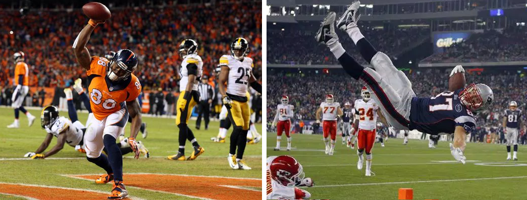 Broncos WR Demaryius Thomas slams the ball to the ground after scoring a touchdown (left). Patriots TE Rob Gronkowski flies in the air toward the endzone, looking for the goal line on his way to a touchdown (right).