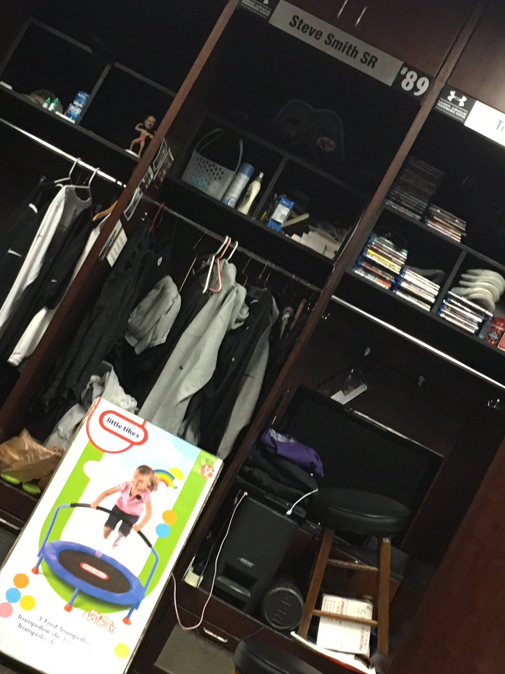 Steve Smith Sr.'s Little Tikes trampoline in front of his locker.