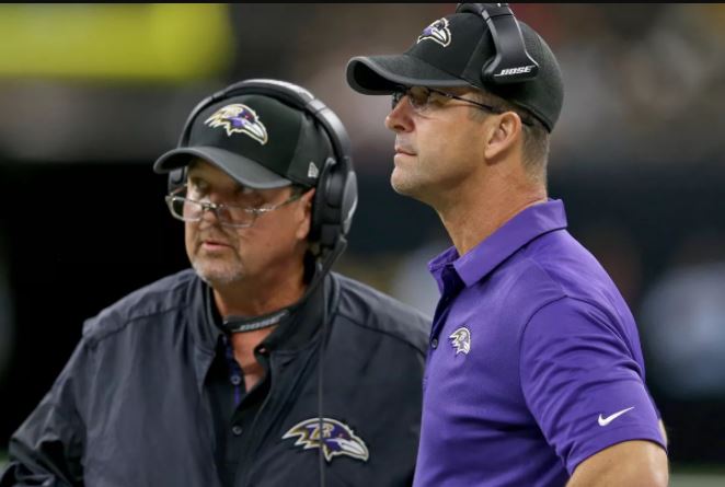 John Harbaugh and Marty Mornhinweg look on from the sideline.