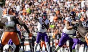 Lamar Jackson throws vs Browns